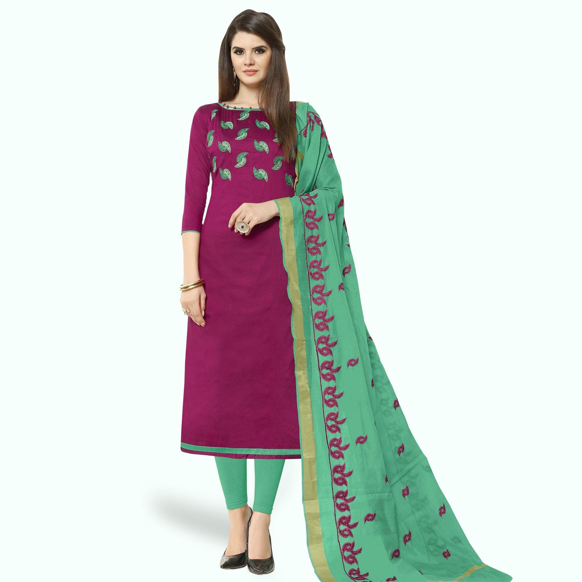 Breathtaking Purple Colored Casual Wear Embroidered Cotton Dress Material