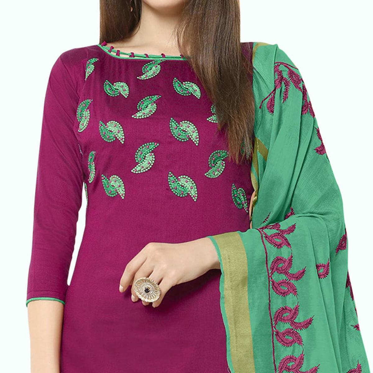 Breathtaking Purple Colored Casual Wear Embroidered Cotton Dress Material