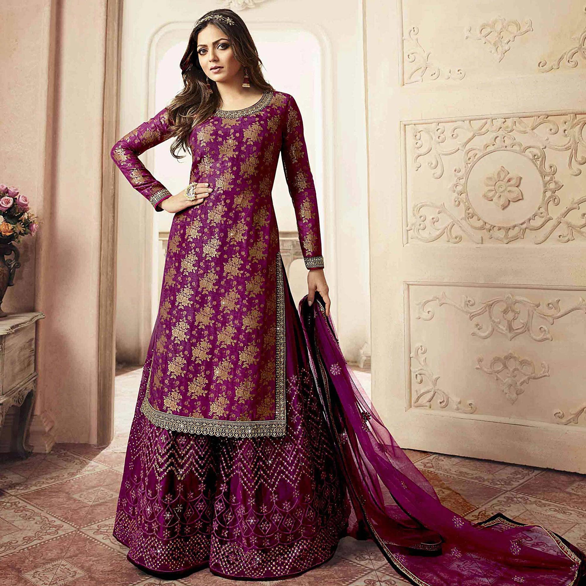 Breathtaking Purple Colored designer Partywear Embroidered Dola Jacquard Palazzo Suit