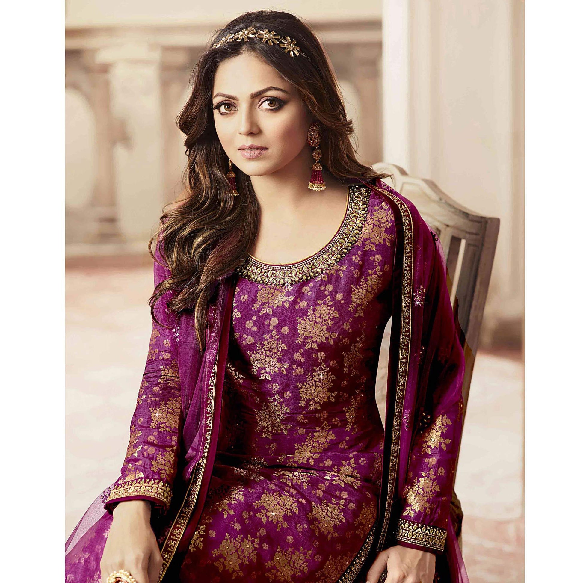Breathtaking Purple Colored designer Partywear Embroidered Dola Jacquard Palazzo Suit