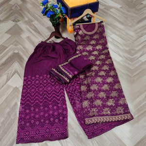 Breathtaking Purple Colored designer Partywear Embroidered Dola Jacquard Palazzo Suit