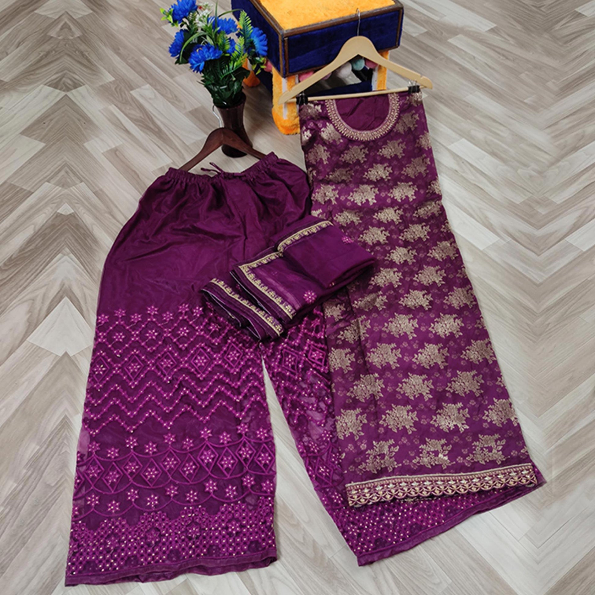 Breathtaking Purple Colored designer Partywear Embroidered Dola Jacquard Palazzo Suit