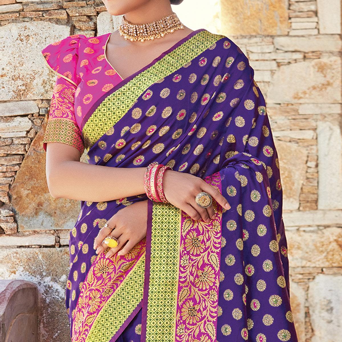 Breathtaking Purple Colored Festive Wear Woven Handloom Silk Sareee
