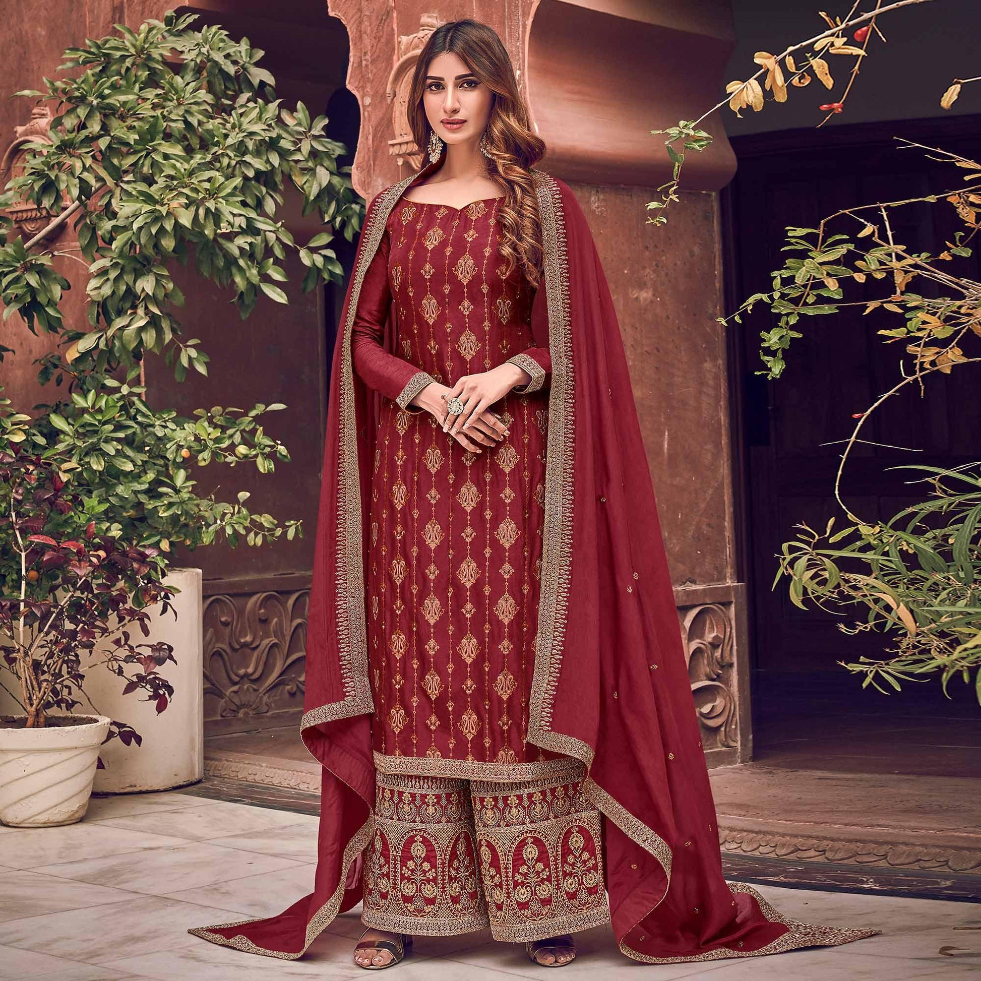 Breathtaking Rani Colored Partywear Embroidered Pure Dola Jacquard Palazzo Suit