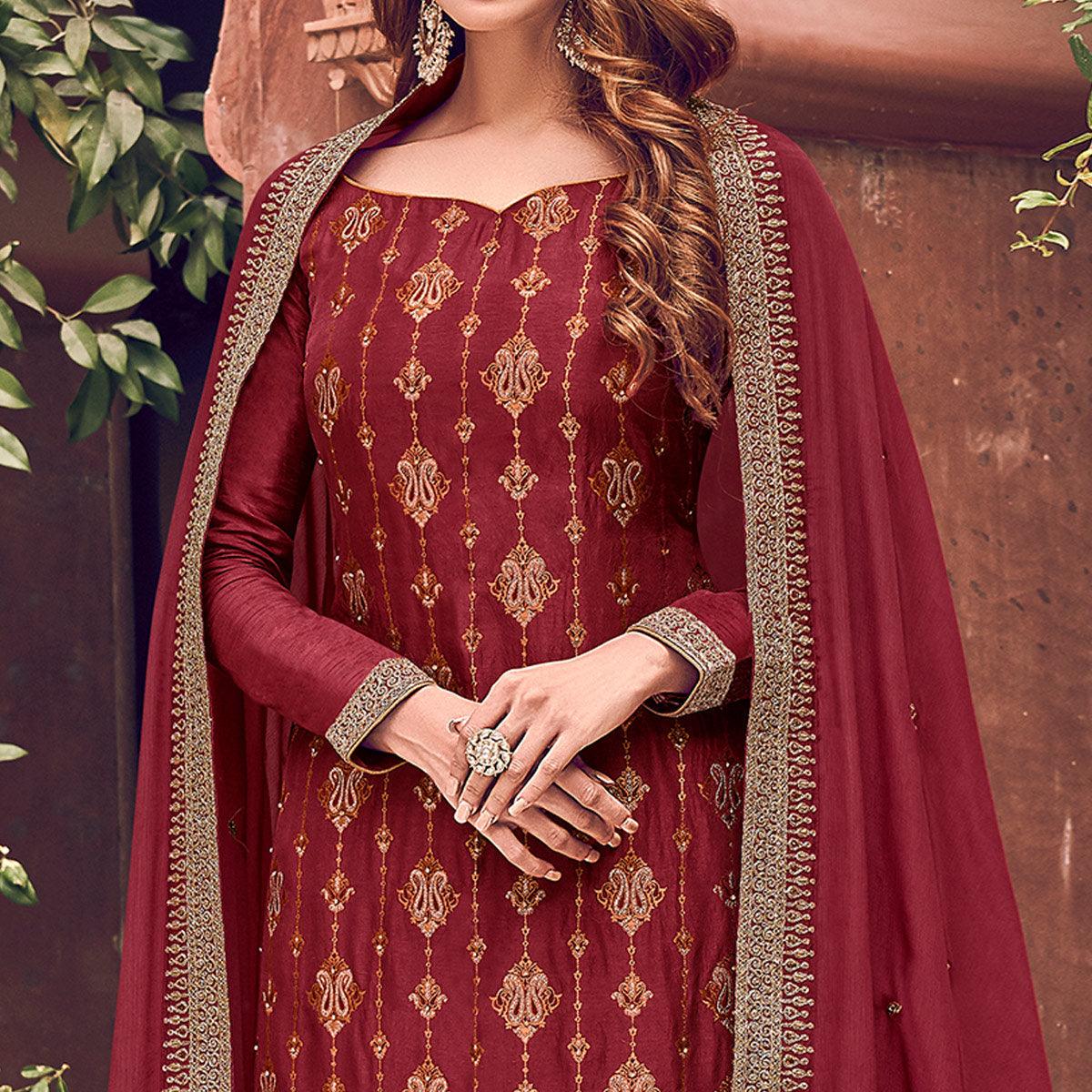 Breathtaking Rani Colored Partywear Embroidered Pure Dola Jacquard Palazzo Suit