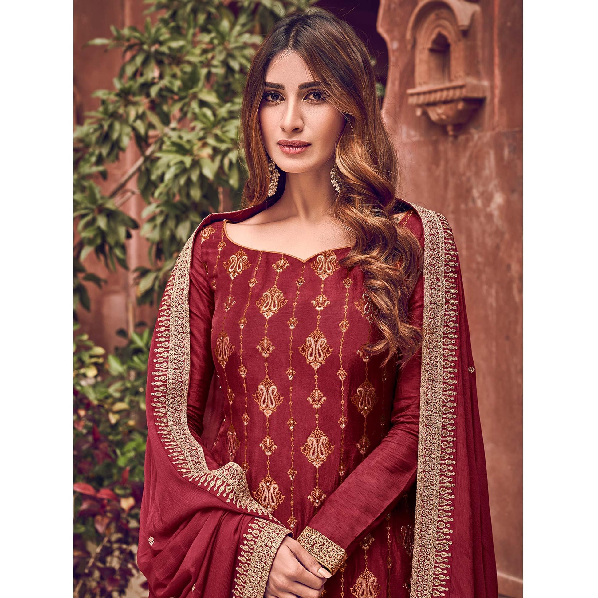 Breathtaking Rani Colored Partywear Embroidered Pure Dola Jacquard Palazzo Suit