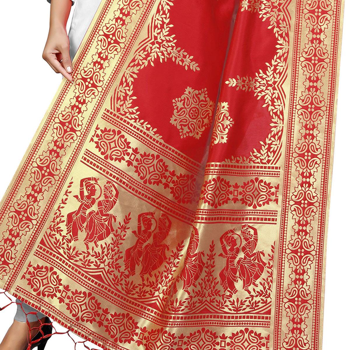 Breathtaking Red Colored Festive Wear Banarasi Silk Dupatta