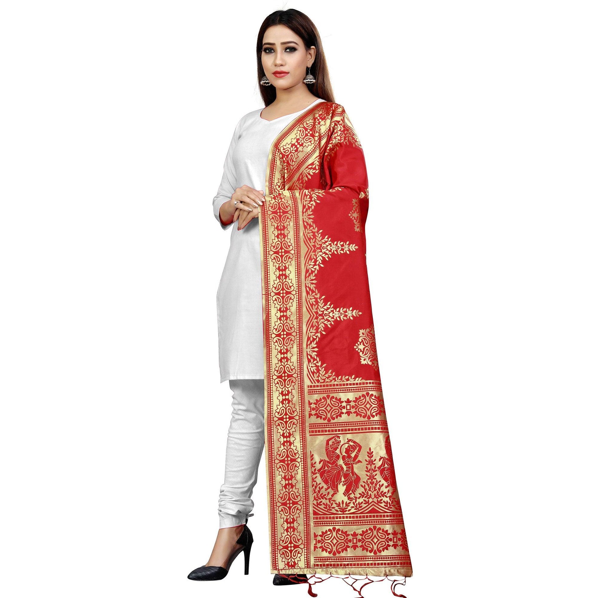 Breathtaking Red Colored Festive Wear Banarasi Silk Dupatta