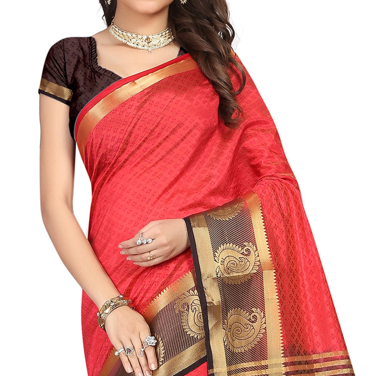 Breathtaking Red Colored Festive Wear Woven Cotton Silk Saree