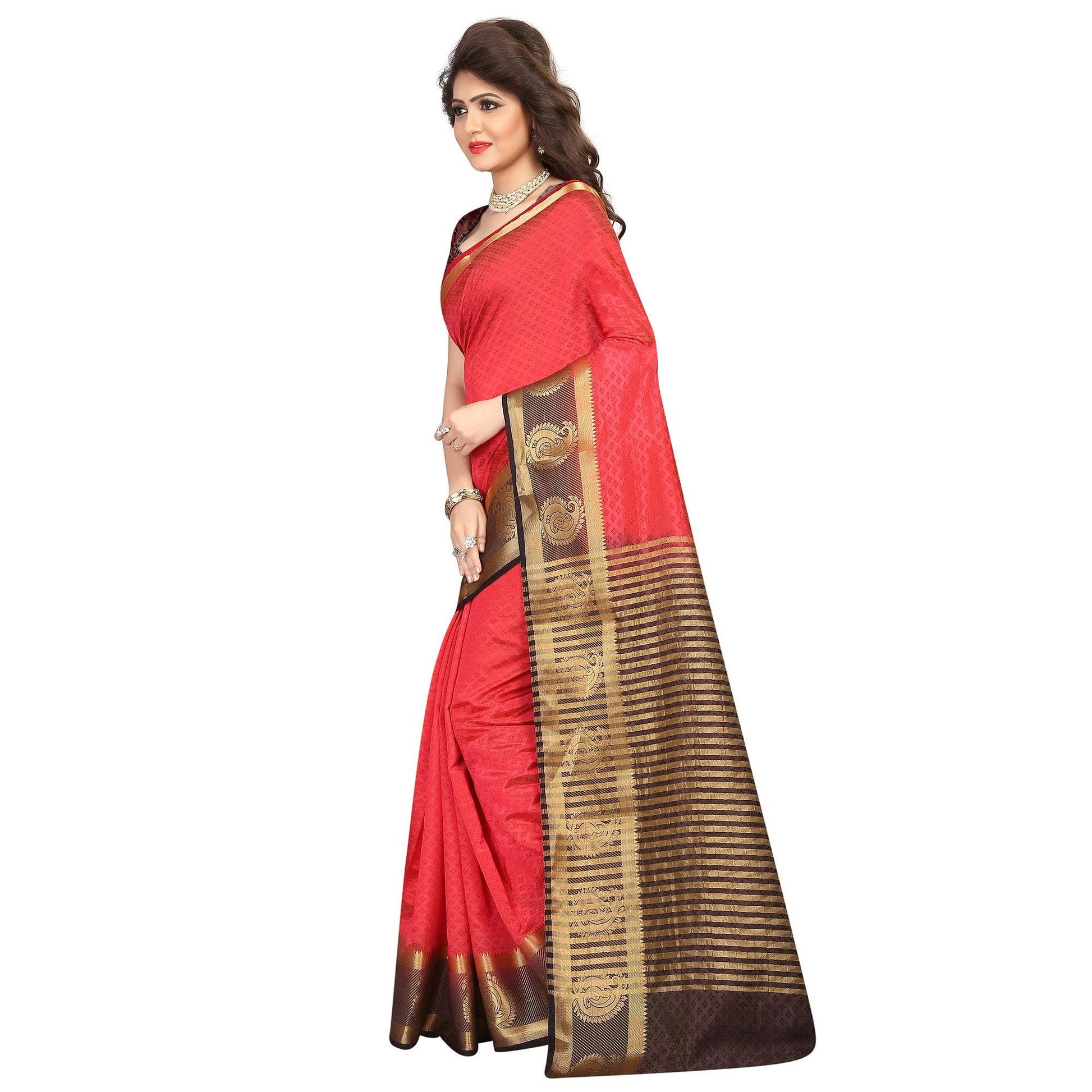 Breathtaking Red Colored Festive Wear Woven Cotton Silk Saree