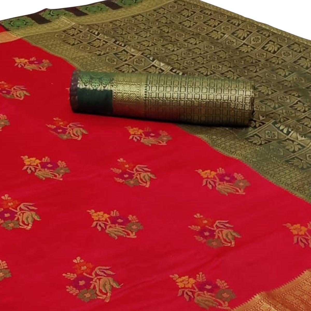 Breathtaking Red Colored Festive Wear Woven Silk Saree