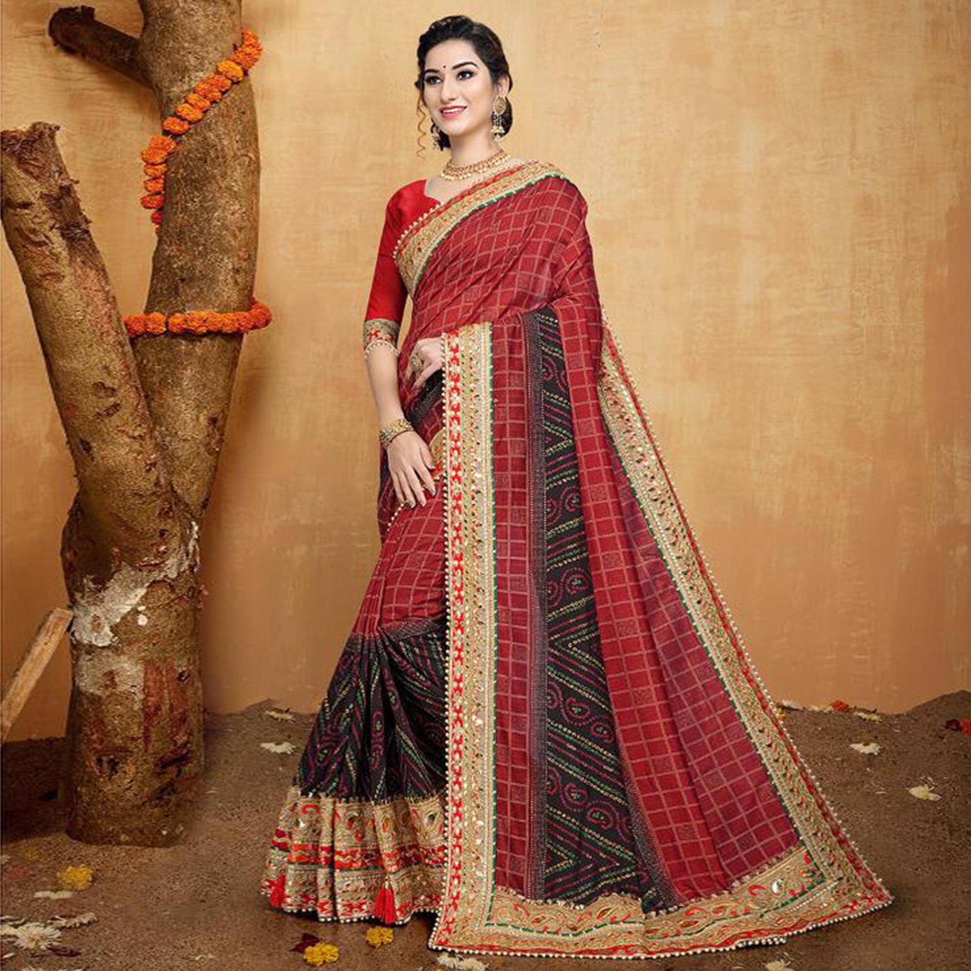Breathtaking Red Colored Festive Wear Zari Work Vichitra Silk Saree