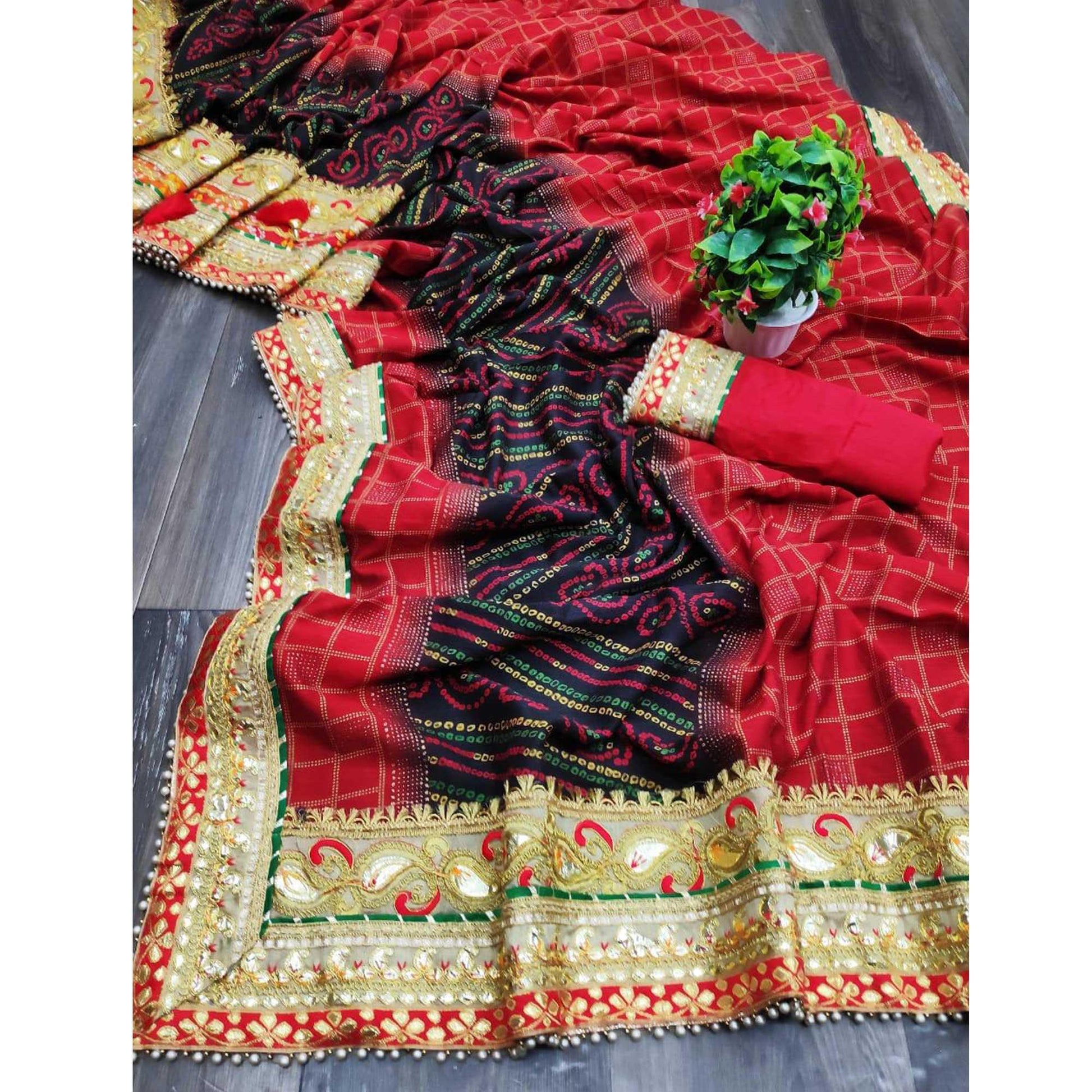 Breathtaking Red Colored Festive Wear Zari Work Vichitra Silk Saree