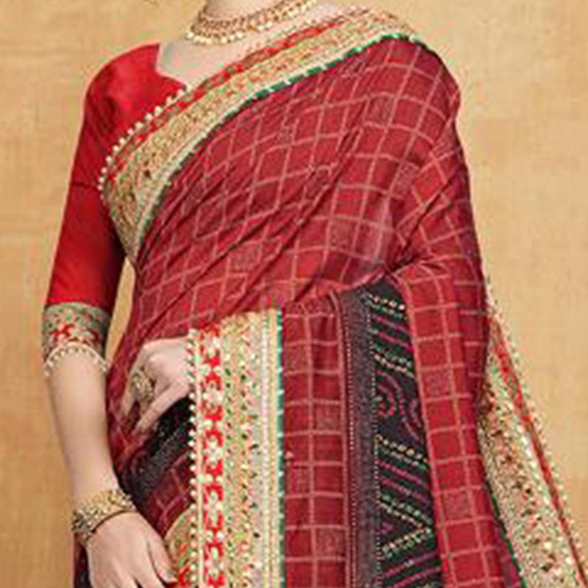 Breathtaking Red Colored Festive Wear Zari Work Vichitra Silk Saree