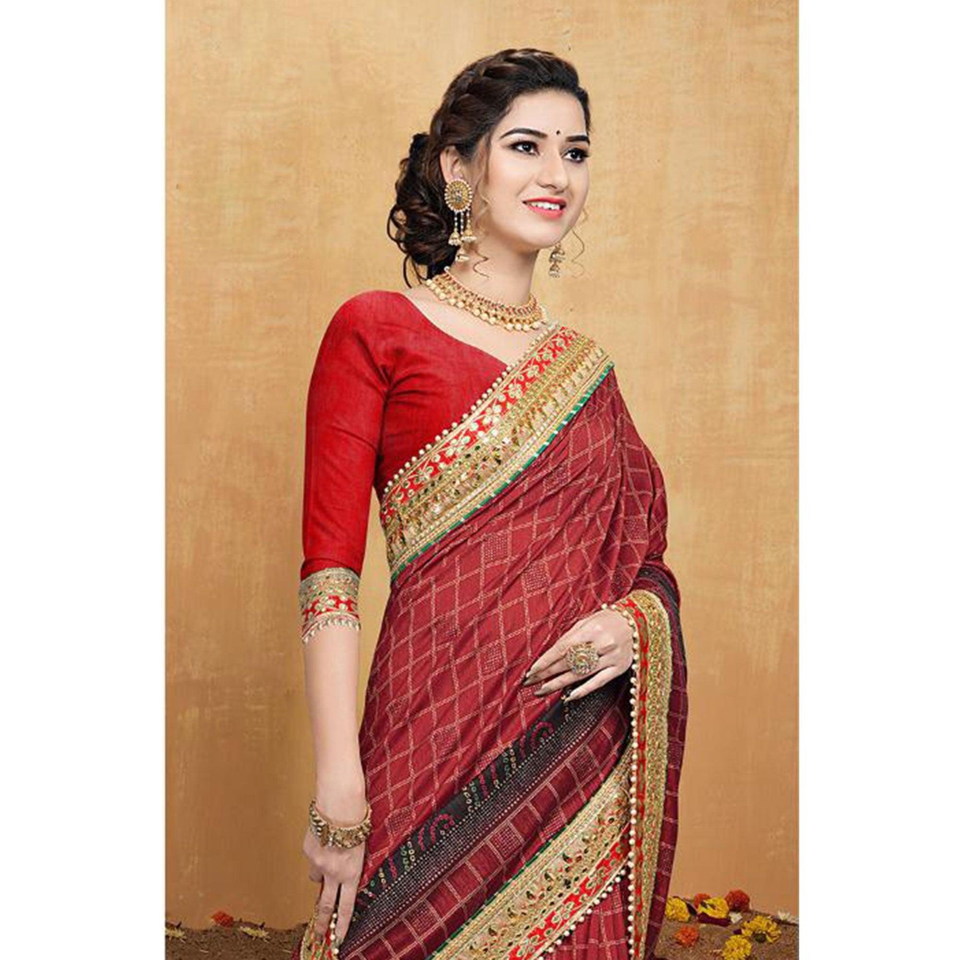 Breathtaking Red Colored Festive Wear Zari Work Vichitra Silk Saree