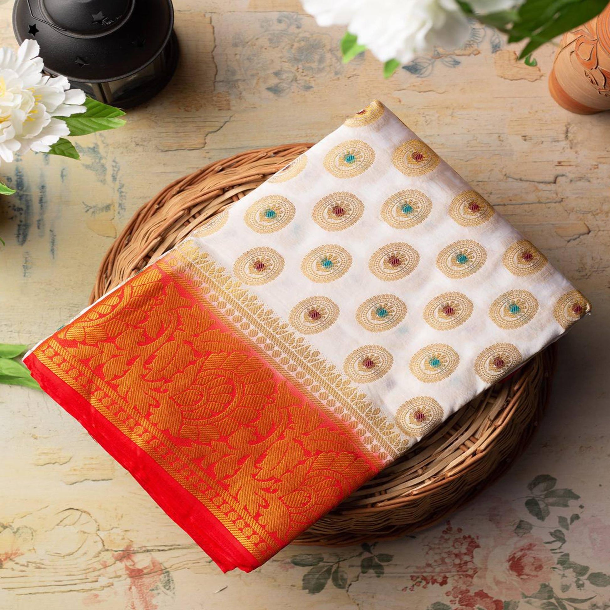 Breathtaking White Colored Festive Wear Woven Art Silk Saree