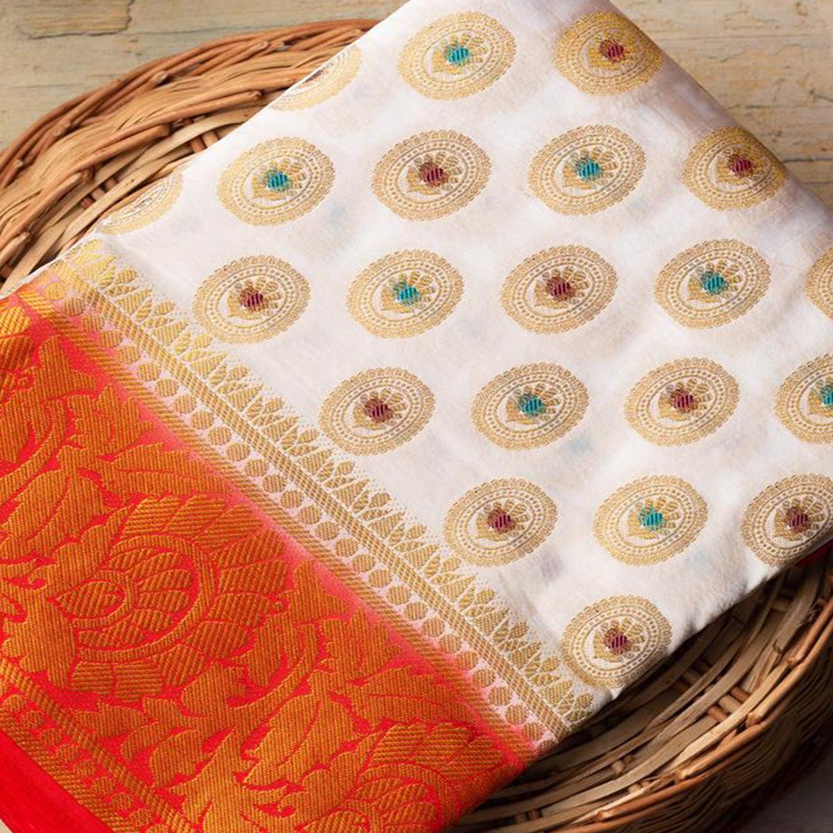 Breathtaking White Colored Festive Wear Woven Art Silk Saree