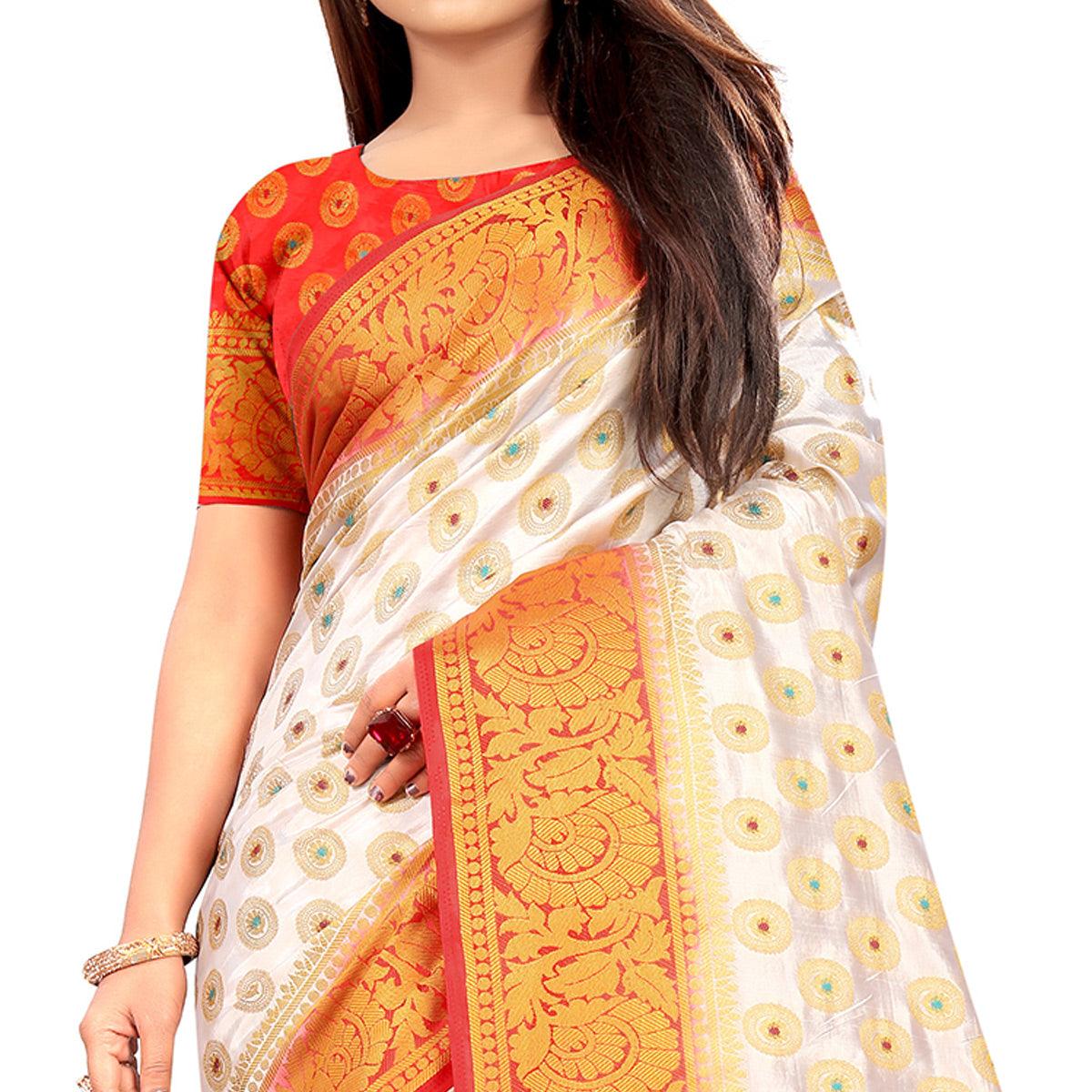 Breathtaking White Colored Festive Wear Woven Art Silk Saree