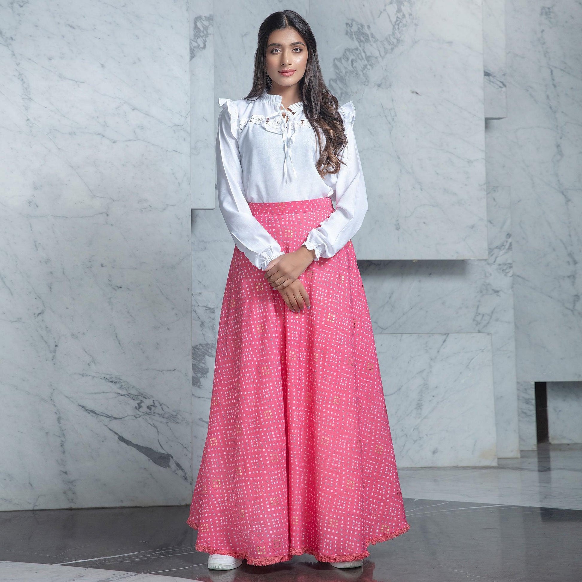 Breathtaking White - Pink Colored Partywear Printed Cotton Top-Skirt Set