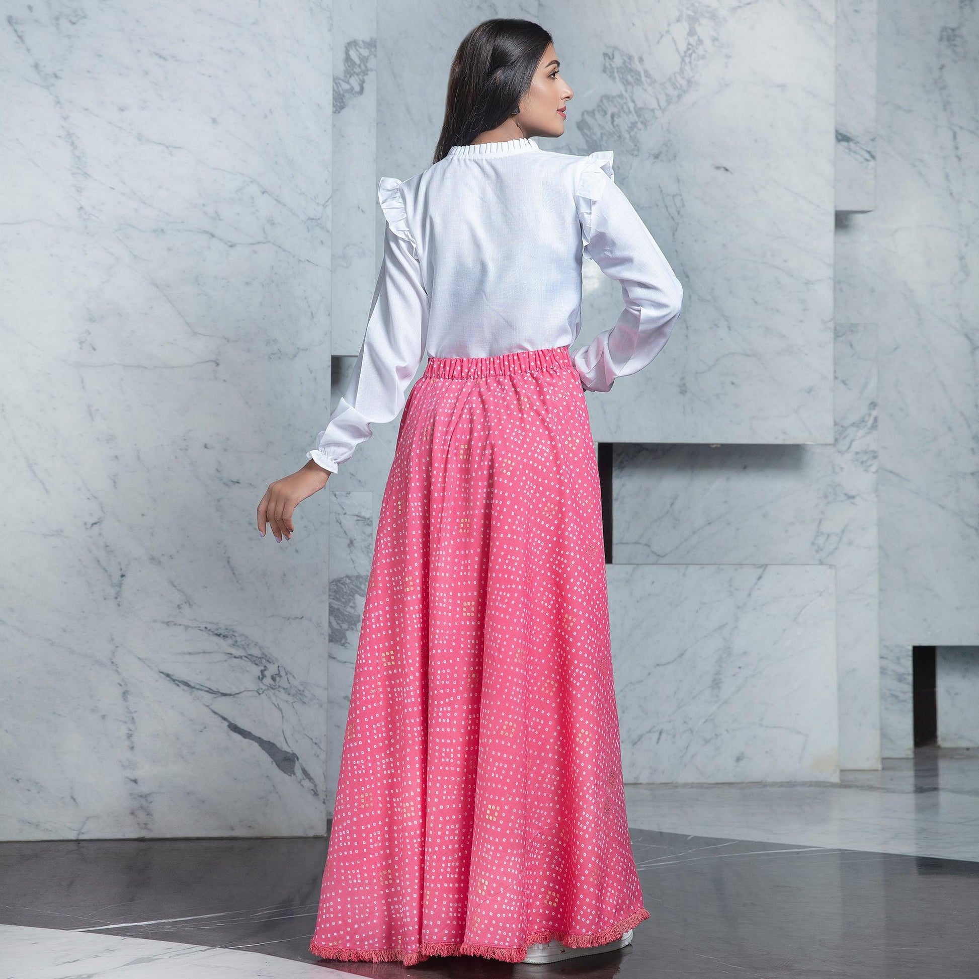 Breathtaking White - Pink Colored Partywear Printed Cotton Top-Skirt Set