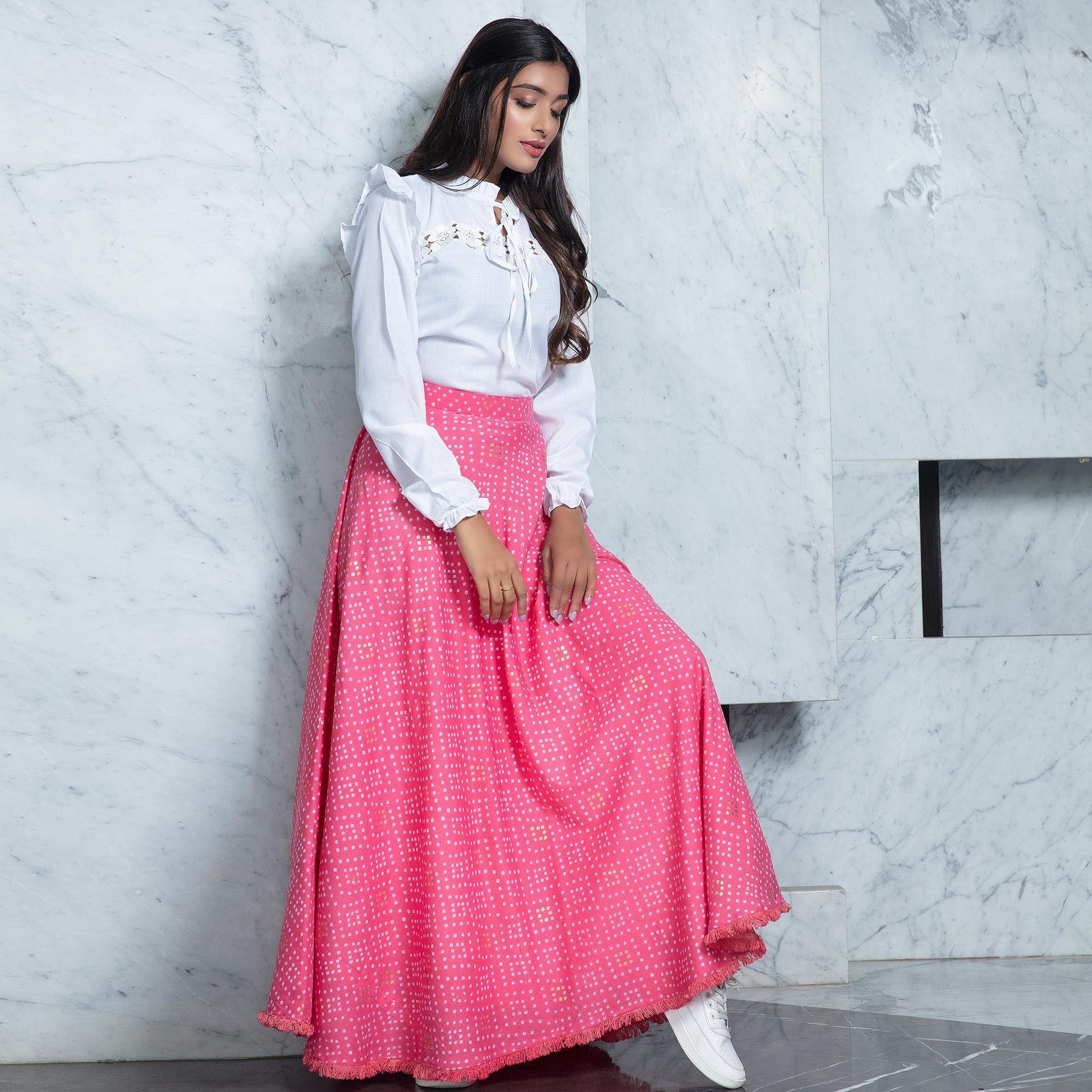 Breathtaking White - Pink Colored Partywear Printed Cotton Top-Skirt Set
