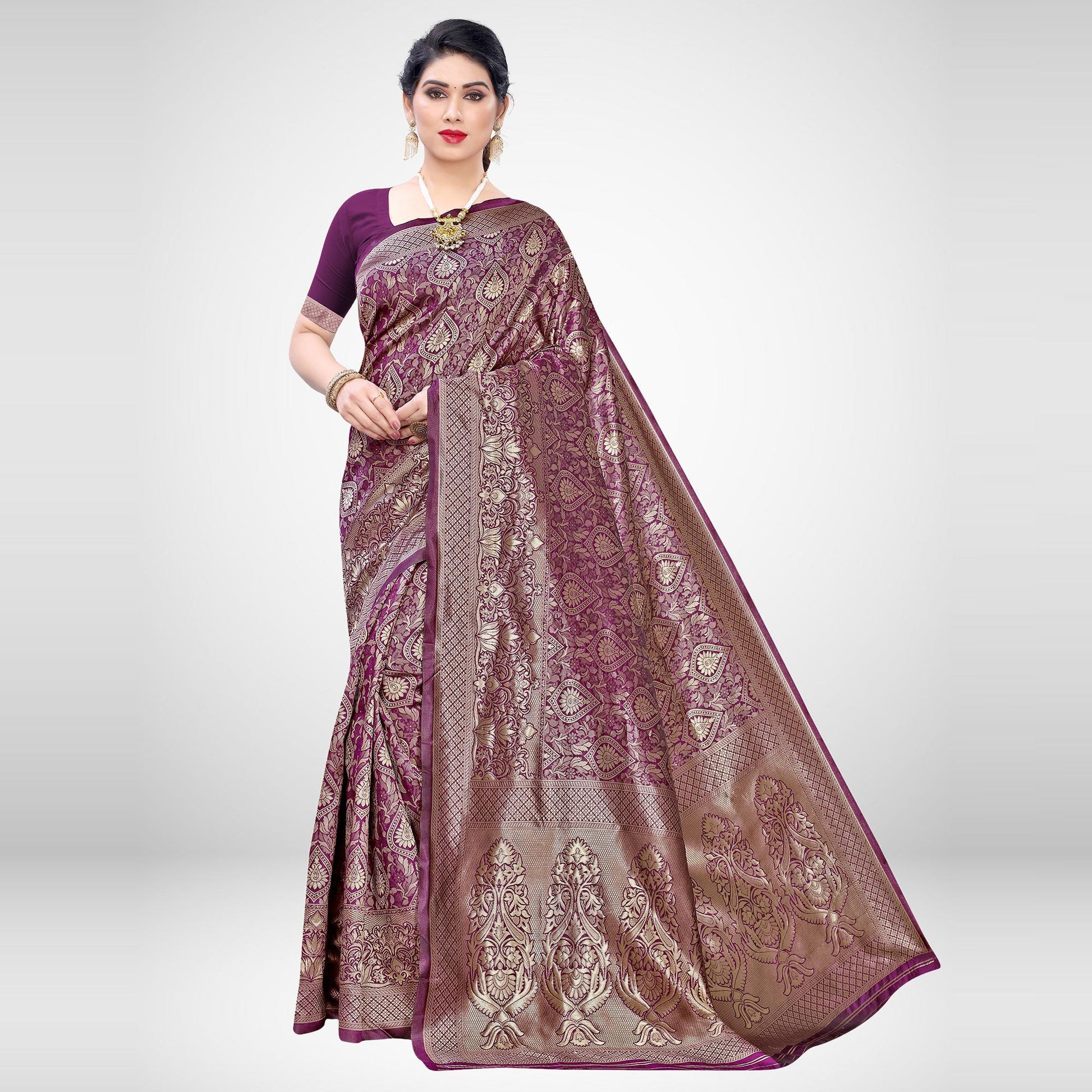 Breathtaking Wine Colored Festive Wear Woven Silk Blend Saree