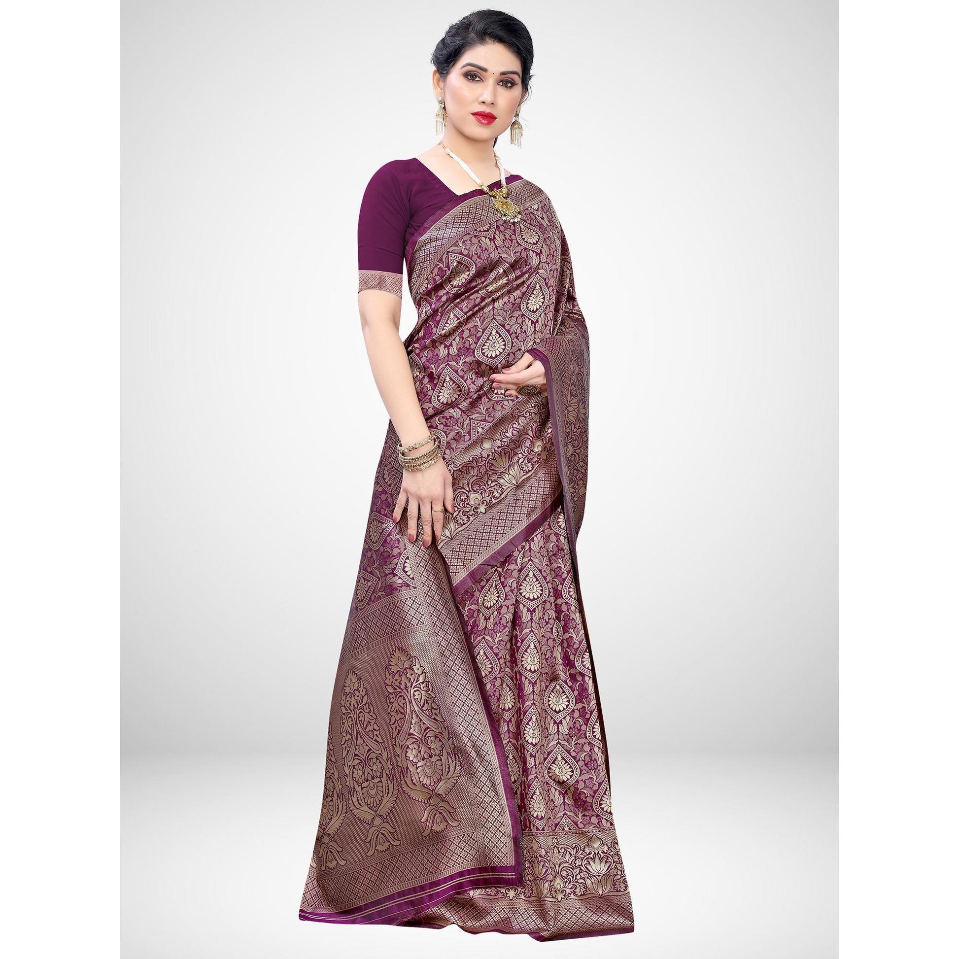 Breathtaking Wine Colored Festive Wear Woven Silk Blend Saree