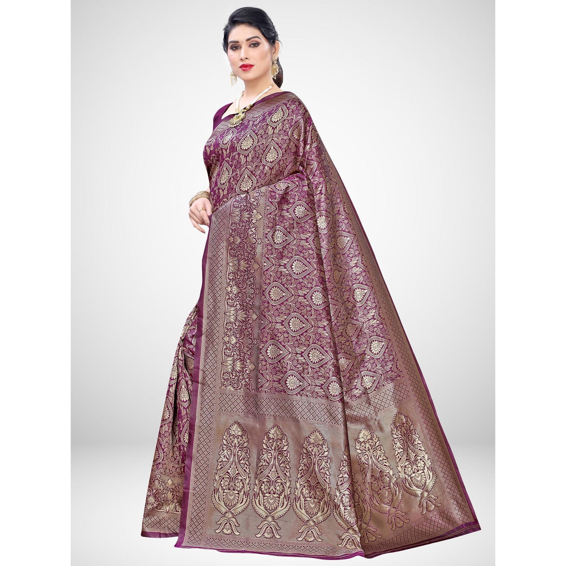 Breathtaking Wine Colored Festive Wear Woven Silk Blend Saree
