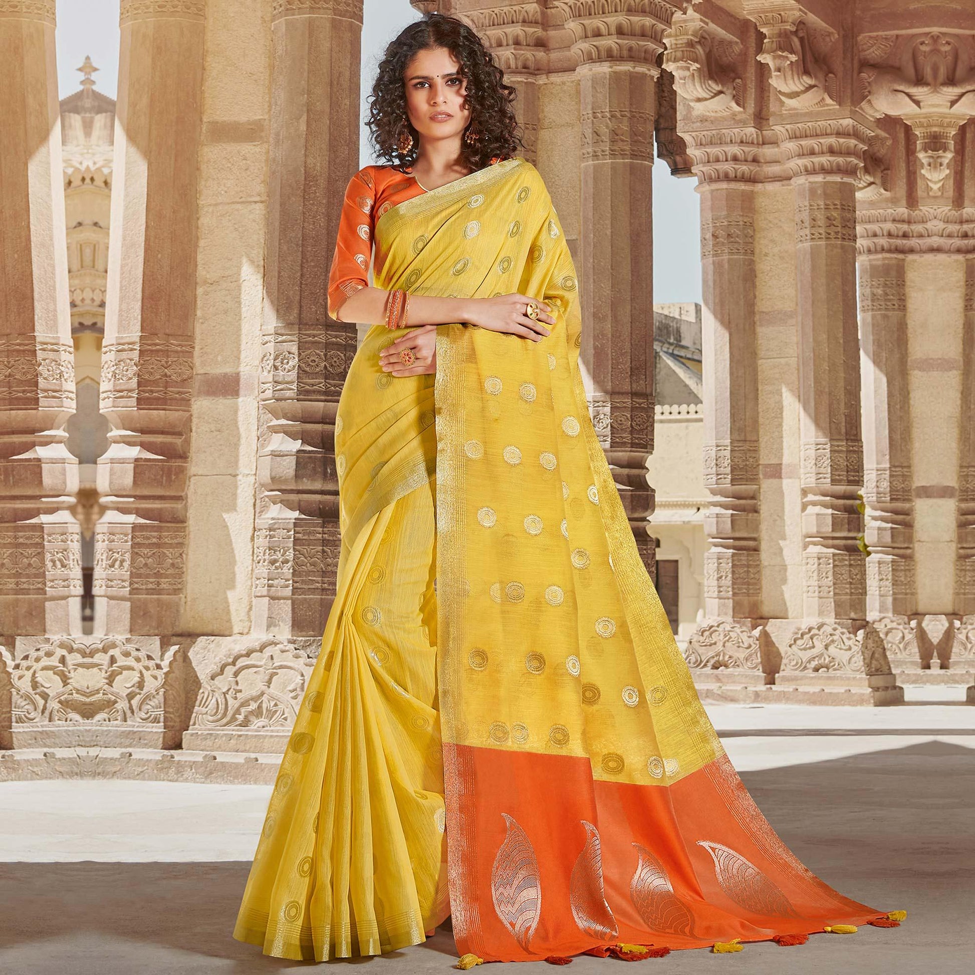 Breathtaking Yellow Colored Festive Wear Woven Linen Cotton Saree With Tassels