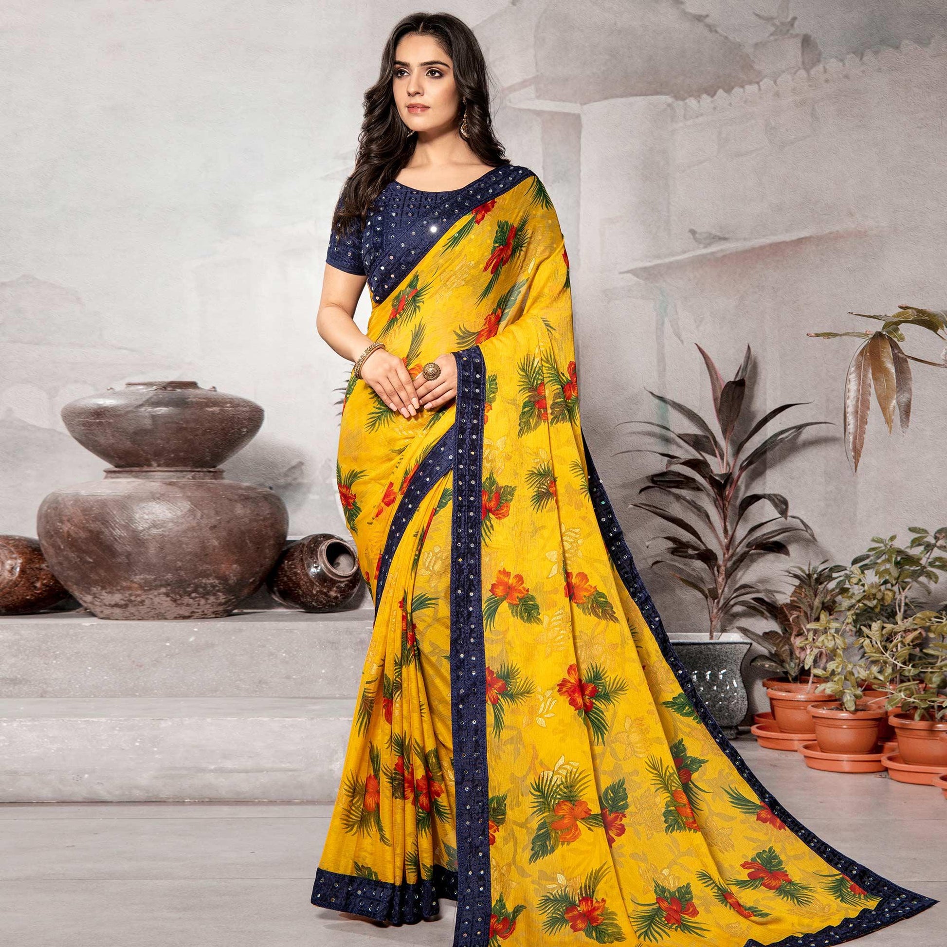 Breathtaking Yellow Colored Partywear Embroidered Chiffon Brasso Saree