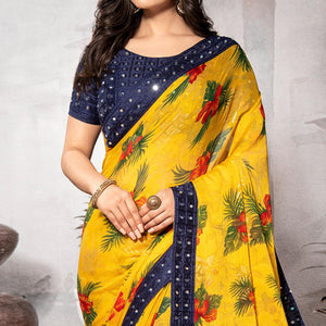 Breathtaking Yellow Colored Partywear Embroidered Chiffon Brasso Saree
