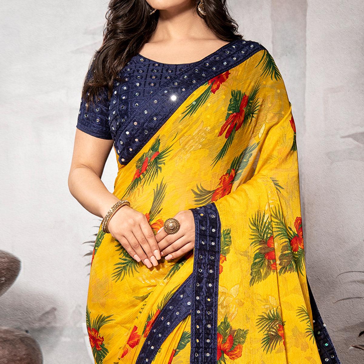 Breathtaking Yellow Colored Partywear Embroidered Chiffon Brasso Saree