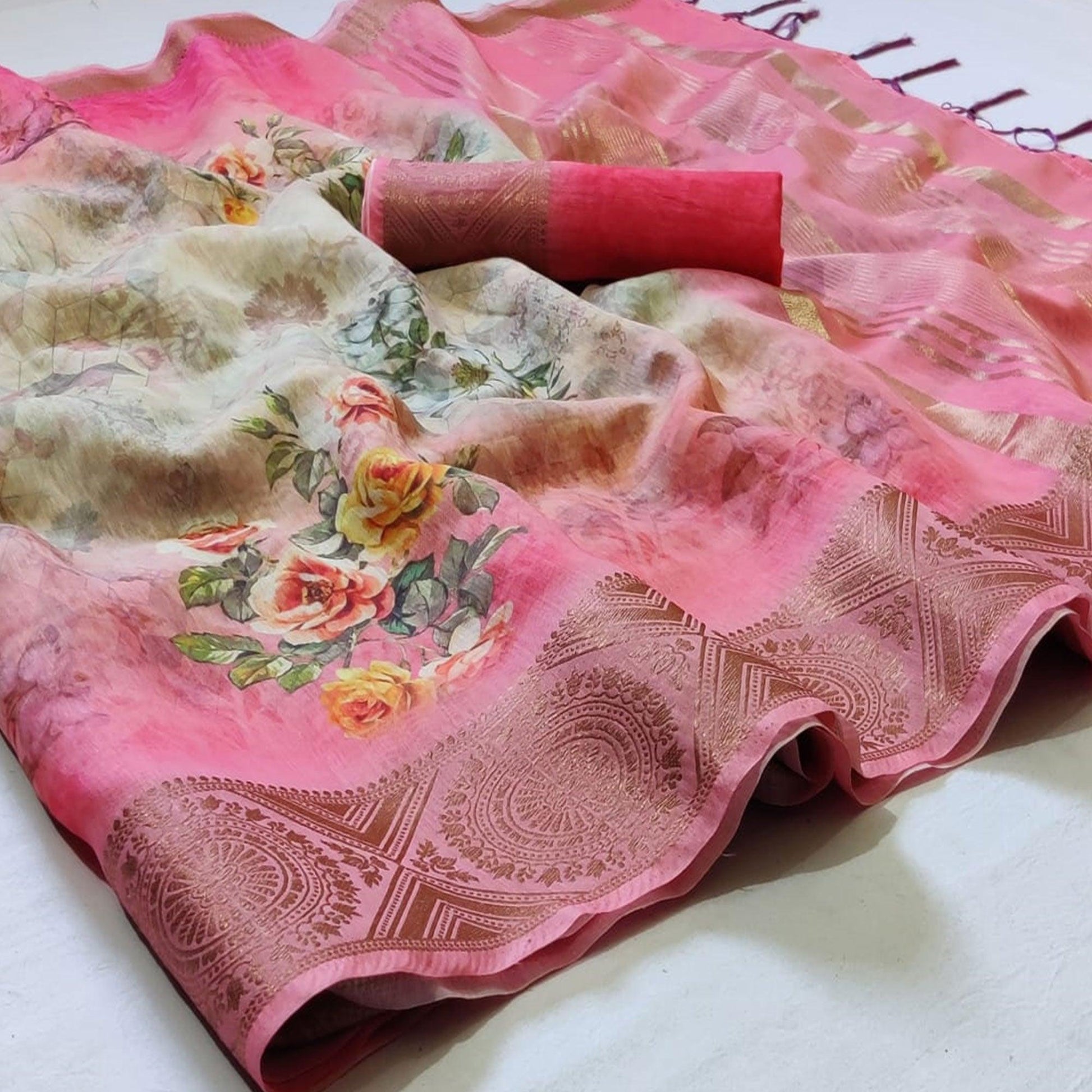 Breathtaking Yellow - Pink Colored Festive Wear Woven Banarasi Silk Saree