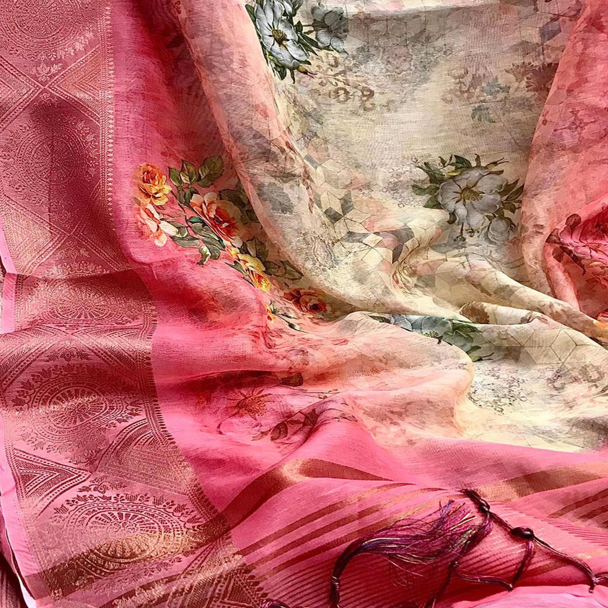 Breathtaking Yellow - Pink Colored Festive Wear Woven Banarasi Silk Saree