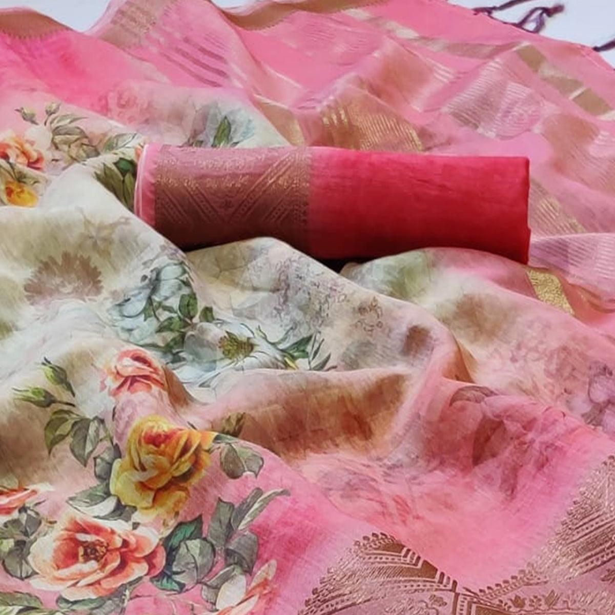 Breathtaking Yellow - Pink Colored Festive Wear Woven Banarasi Silk Saree