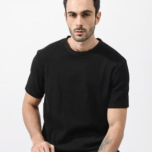 Rare Rabbit Men's Bree Black Crew Neck Ottoman Textured Drop Shoulder Half Sleeves Oversized Fit T-Shirt