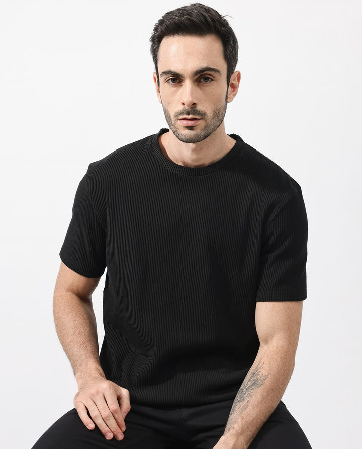 Rare Rabbit Men's Bree Black Crew Neck Ottoman Textured Drop Shoulder Half Sleeves Oversized Fit T-Shirt