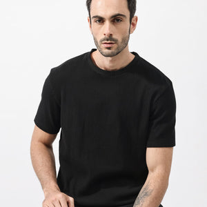 Rare Rabbit Men's Bree Black Crew Neck Ottoman Textured Drop Shoulder Half Sleeves Oversized Fit T-Shirt