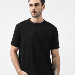 Rare Rabbit Men's Bree Black Crew Neck Ottoman Textured Drop Shoulder Half Sleeves Oversized Fit T-Shirt