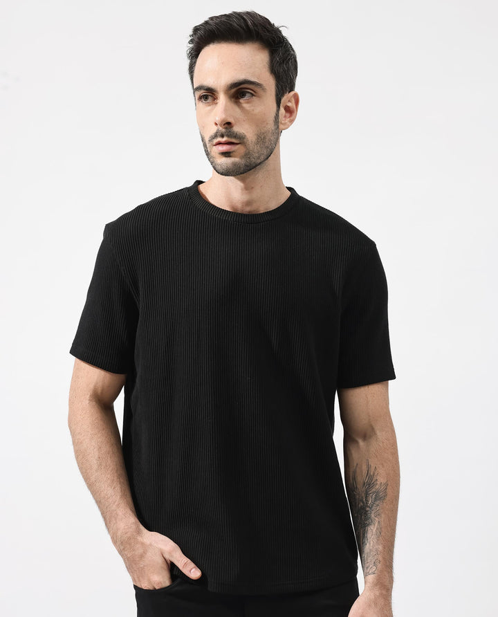 Rare Rabbit Men's Bree Black Crew Neck Ottoman Textured Drop Shoulder Half Sleeves Oversized Fit T-Shirt