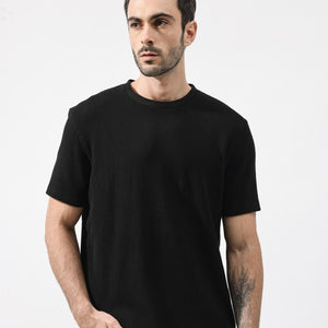 Rare Rabbit Men's Bree Black Crew Neck Ottoman Textured Drop Shoulder Half Sleeves Oversized Fit T-Shirt