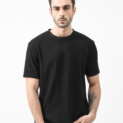Rare Rabbit Men's Bree Black Crew Neck Ottoman Textured Drop Shoulder Half Sleeves Oversized Fit T-Shirt
