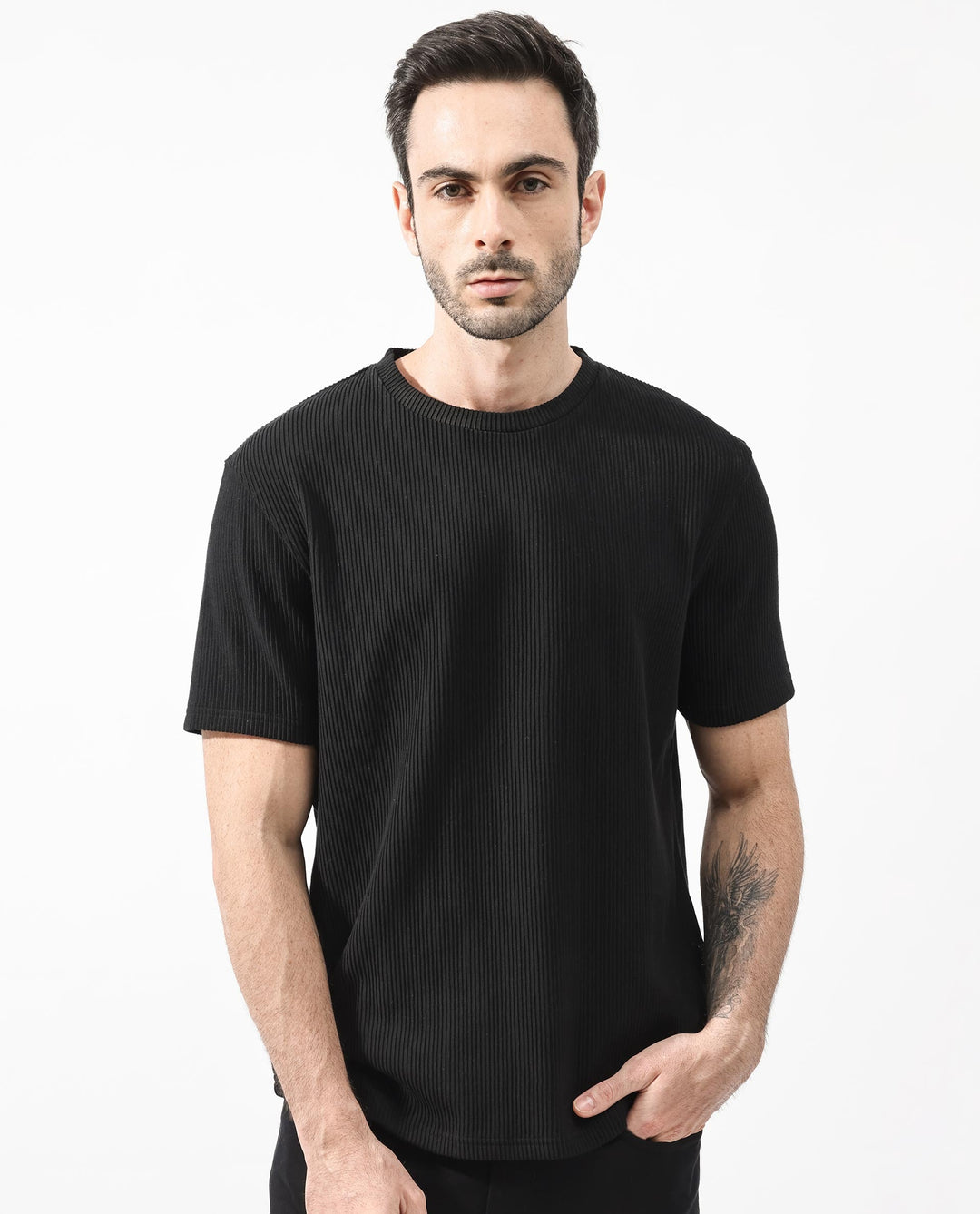 Rare Rabbit Men's Bree Black Crew Neck Ottoman Textured Drop Shoulder Half Sleeves Oversized Fit T-Shirt