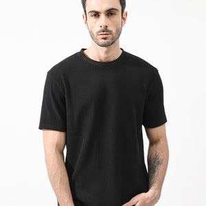Rare Rabbit Men's Bree Black Crew Neck Ottoman Textured Drop Shoulder Half Sleeves Oversized Fit T-Shirt