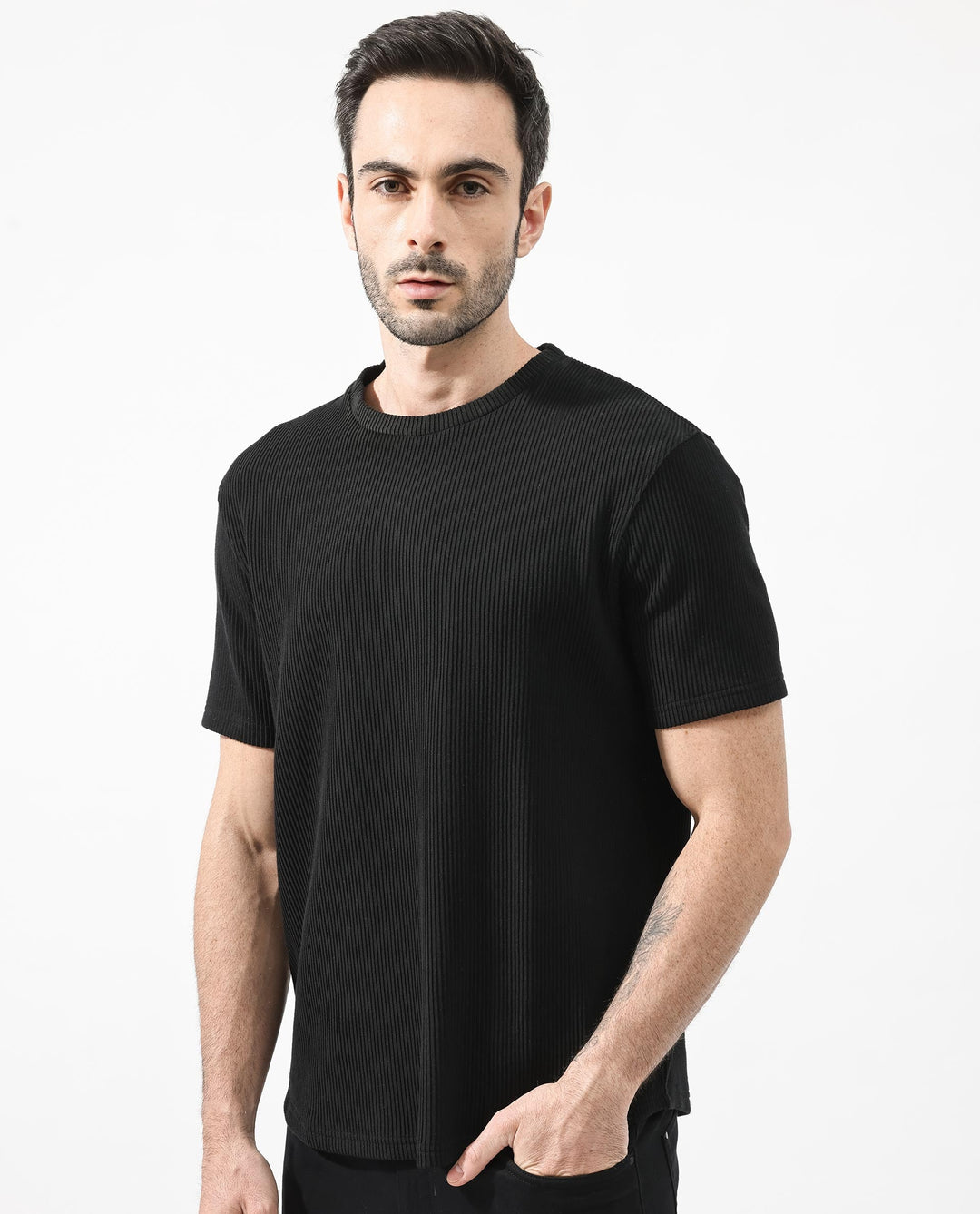 Rare Rabbit Men's Bree Black Crew Neck Ottoman Textured Drop Shoulder Half Sleeves Oversized Fit T-Shirt