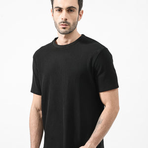 Rare Rabbit Men's Bree Black Crew Neck Ottoman Textured Drop Shoulder Half Sleeves Oversized Fit T-Shirt