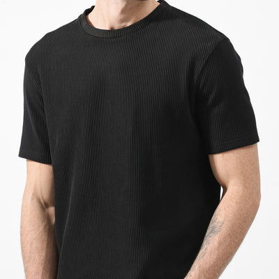 Rare Rabbit Men's Bree Black Crew Neck Ottoman Textured Drop Shoulder Half Sleeves Oversized Fit T-Shirt