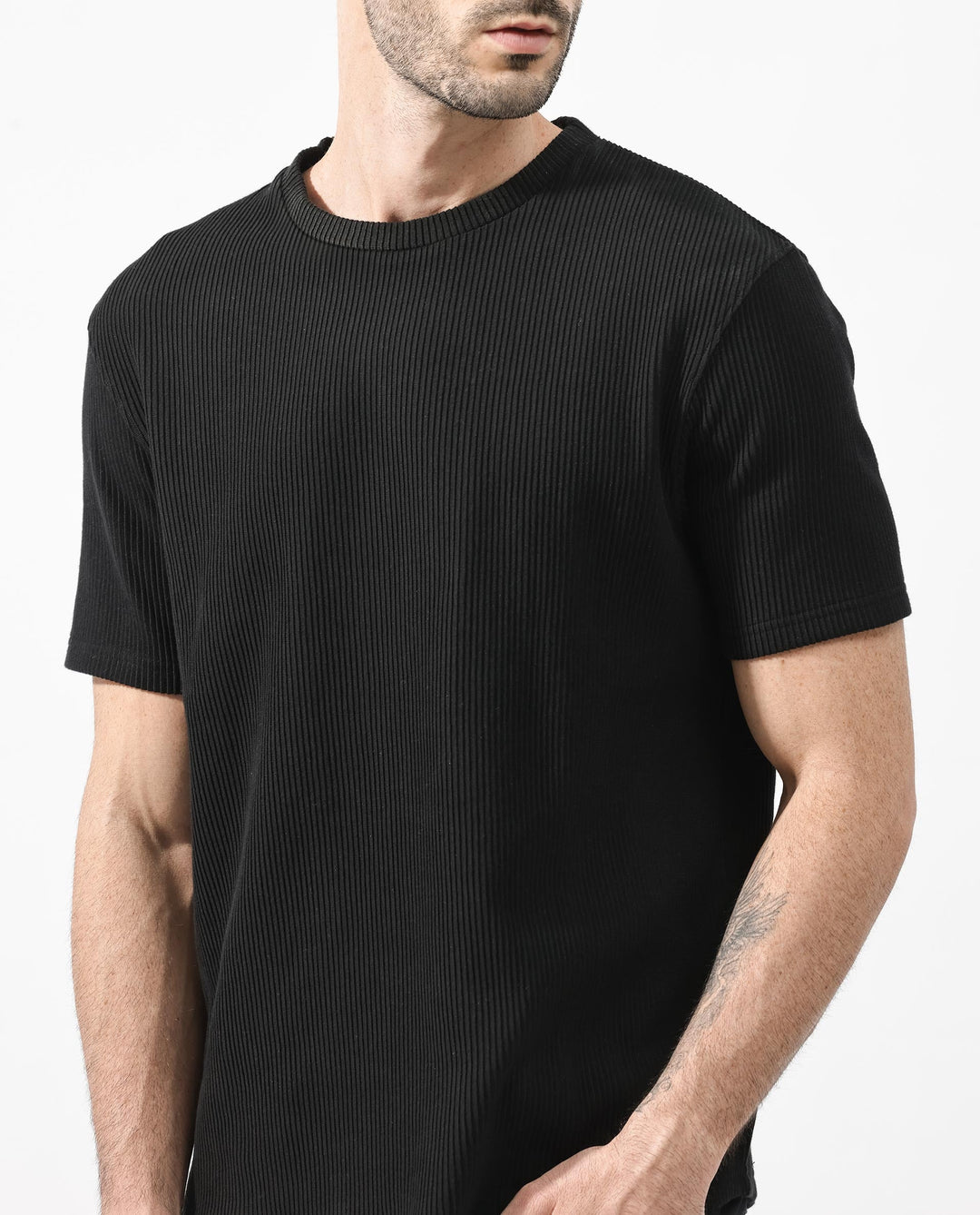 Rare Rabbit Men's Bree Black Crew Neck Ottoman Textured Drop Shoulder Half Sleeves Oversized Fit T-Shirt