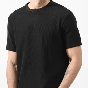 Rare Rabbit Men's Bree Black Crew Neck Ottoman Textured Drop Shoulder Half Sleeves Oversized Fit T-Shirt