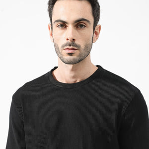 Rare Rabbit Men's Bree Black Crew Neck Ottoman Textured Drop Shoulder Half Sleeves Oversized Fit T-Shirt